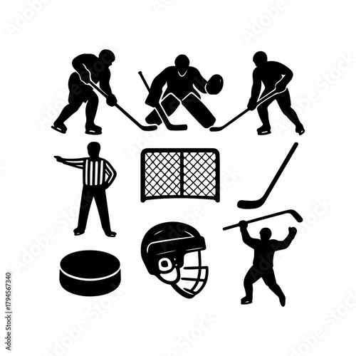 Ice hockey silhouettes of players equipment and referee