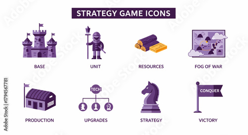 Eight purplethemed strategy game icons arranged in two rows with labels