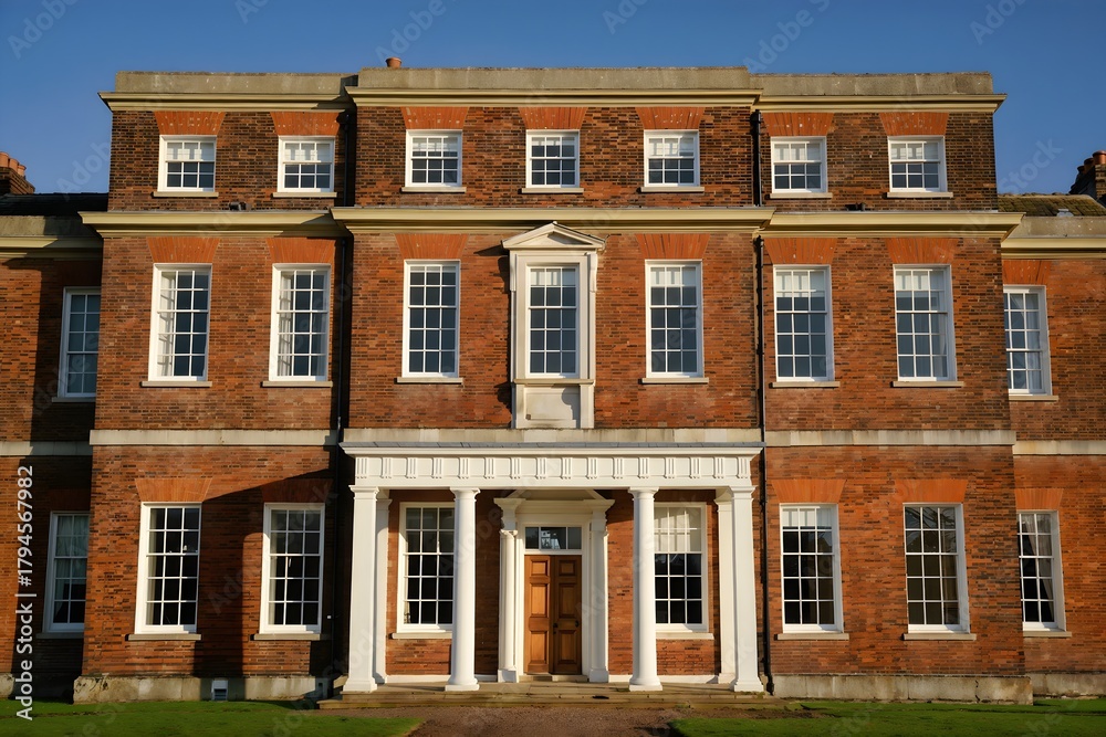 Fototapeta premium Grand georgian mansion with white columns and red brick facade