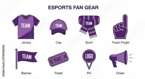 Illustration of purplethemed esports fan gear items arranged in two rows