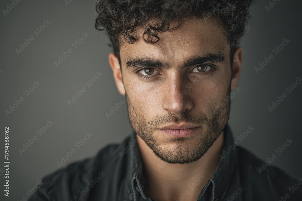Obraz premium Head-and-shoulders portrait of a thoughtful man under studio lighting