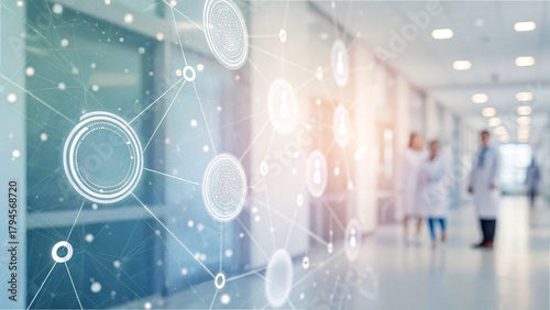 Digital illustration of a blue nodes with a hospital, technology medical concept backdrop