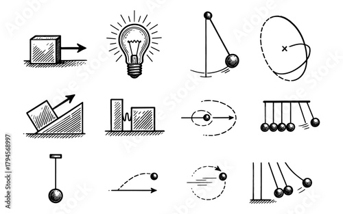 Hand drawn physics diagrams showcasing mechanical motion and concepts