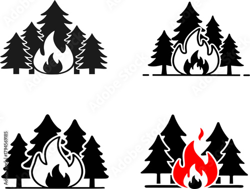 Set of 4 monochrome wildfire illustrations. Black silhouette of fire and trees. Natural disaster warning.