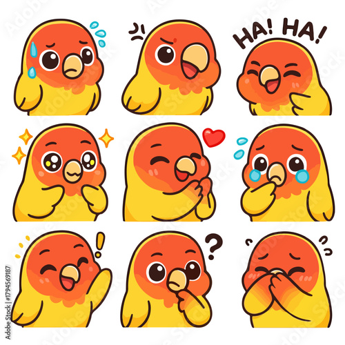 A set of cute anime parrots illustrations doing different activities with different expressions.Stickers or badges. Peach-faced Lovebird