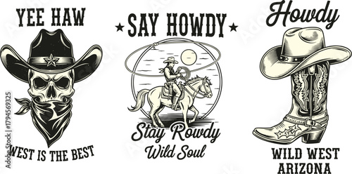 Illustration of vintage wild west illustrations featuring a skull wearing a cowboy hat, a cowboy riding a horse, and a cowboy boot with a hat, all with westernthemed typography