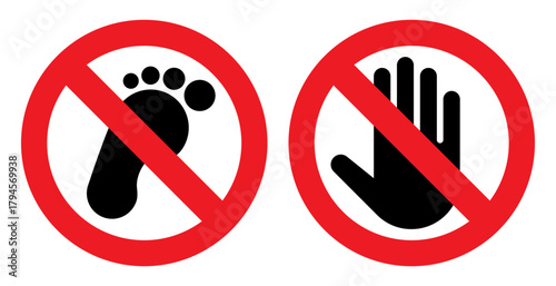 No step and do not touch signs. No barefoot and no entry hand symbols label or sticker, stop, ban or prohibited icon set.