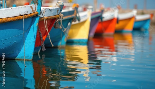 Wallpaper Mural Colorful fishing boats lined up by water with ripples. Vessels in marina reflect on calm blue sea surface. Peaceful seaside scene with leisure boats moored. Torontodigital.ca