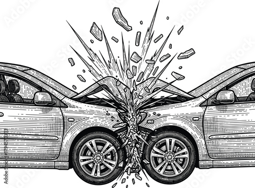 Engraving Style Head-on Car Crash Traffic Accident Illustration