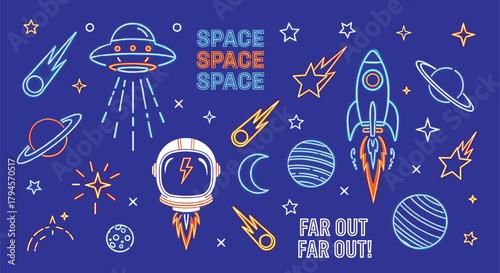 Illustration of a vibrant neon vector illustration showcasing a cosmic theme, featuring a spaceship, astronaut, and celestial bodies against a deep blue backdrop the design evokes a sense of space exp