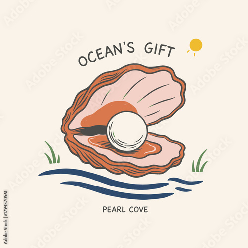 Vintage Pearl Shell Graphic.Oceans Gift Retro Illustration.Oyster Gemstone Mascot Art.Nautical Treasure Badge.Coastal Vector Print