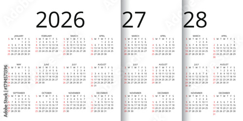 Calendar for 2026 2027 2028 years. Calender templates. Desk planner layout. Week starts Sunday. Grid with 12 month in English. Set of yearly organizers. Square simple design. Vector illustration.
