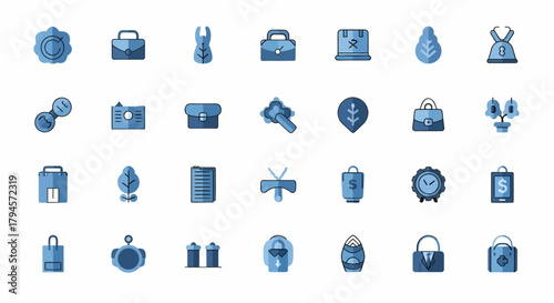 A grid of 36 blue and white minimalist flat vector icons
