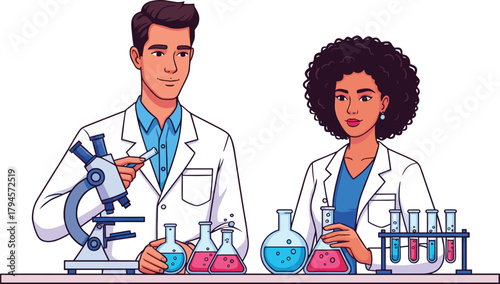 Cartoon scientists in lab coats, diverse researchers working with microscope and flasks, laboratory teamwork, science experiment scene, vector illustration