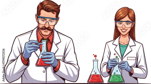 Cartoon scientists working in laboratory, male and female researchers wearing safety goggles and gloves mixing colorful chemical liquids, science experiment vector illustration
