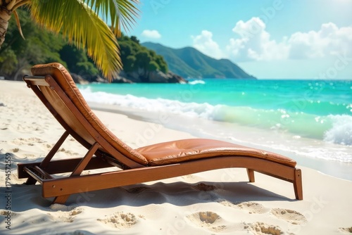 Relaxing leather lounger on a pristine sandy beach, waves gently lapping the shore Sun-drenched, summer vibes Perfect for vacation or travel themes , summer, luxury