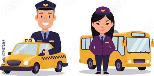 Cartoon taxi driver and bus driver characters in uniform, standing beside yellow taxi and bus, public transportation, occupation, travel, city commute, vector illustration
