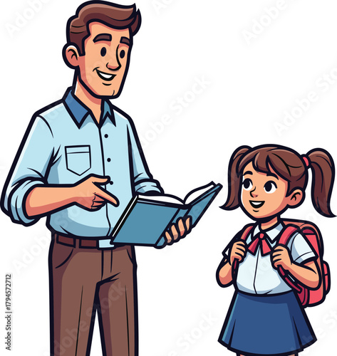 Cartoon teacher helping student, man explaining with book, schoolgirl listening, educational concept, learning moment, classroom theme, vector illustration