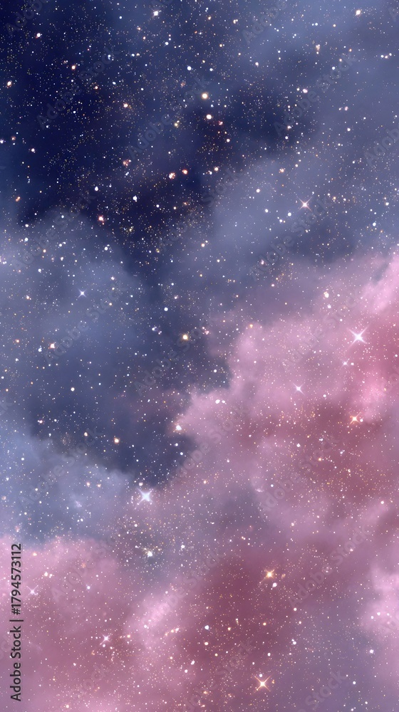 Fototapeta premium glittering stars in the night sky, surrounded by pink clouds