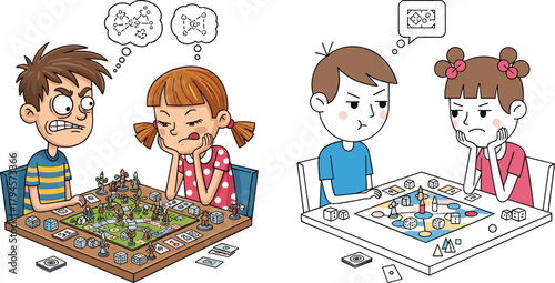 Cartoon children playing complicated board games with frustrated expressions, strategy thinking, competitive gaming, emotional reactions, tabletop activity illustration for education
