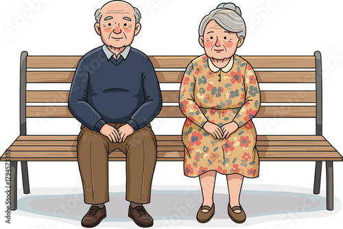 Elderly couple sitting on bench, peaceful moment, aging gracefully, senior love, companionship, outdoor scene, vector illustration, white background, legacy concept