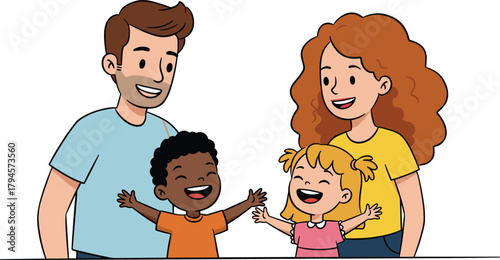 Happy cartoon family with children, joyful parenting moment, smiling adults and kids, bonding scene, vector illustration, white background, family love concept