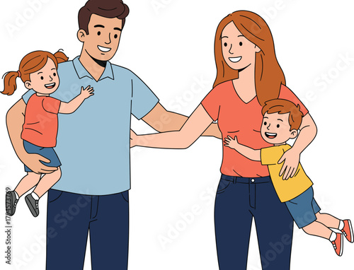 Happy cartoon family with two children, parenting concept, joyful bonding, smiling parents and kids, vector illustration, playful moment, white background
