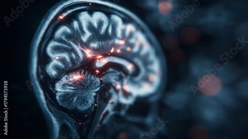 Close-up of neurological MRI scan showing white matter lesions, representing multiple sclerosis diagnosis and brain disease research, medical concept with copy space.	