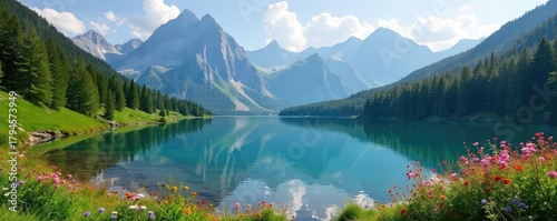 Serene mountain lake reflecting the majestic peaks, surrounded by lush green forests and wildflowers A breathtaking view of untouched natural beauty , hills, stunning