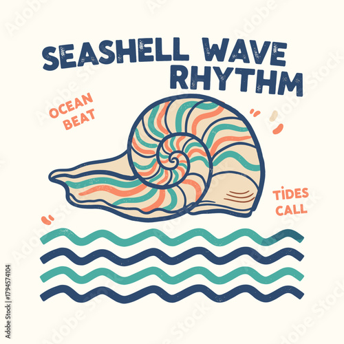 Seashell Wave Rhythm Design.Retro Ocean Beat Graphic.Vintage Conch Shell Art.Summer Beach Tides Print.Nautical Emblem Illustration