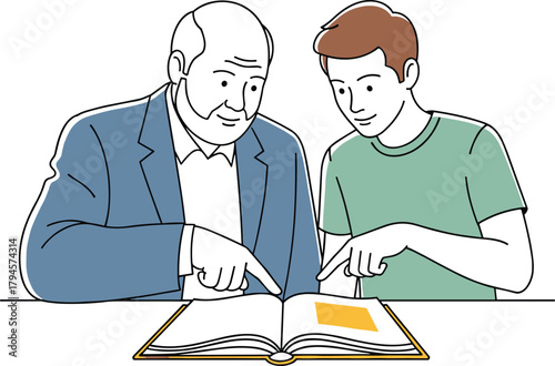 Intergenerational Mentorship Learning Senior and Young Man Reading