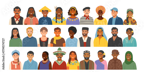 Set of a diverse group of people from different cultures wearing traditional clothing. Concept of equality, cultural diversity, friendship, inclusion. Vector flat cliparts.
