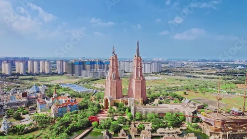 Changsha Aerial View: Red Twin-Spire Church Overlooking City Skyline