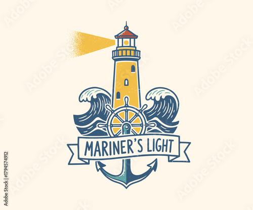 Vintage Nautical Lighthouse Badge.Mariner Anchor and Helm Emblem.Retro Ocean Wave Illustration.Seaside Safety Vector Graphic.Beacon of Light Grunge Lo