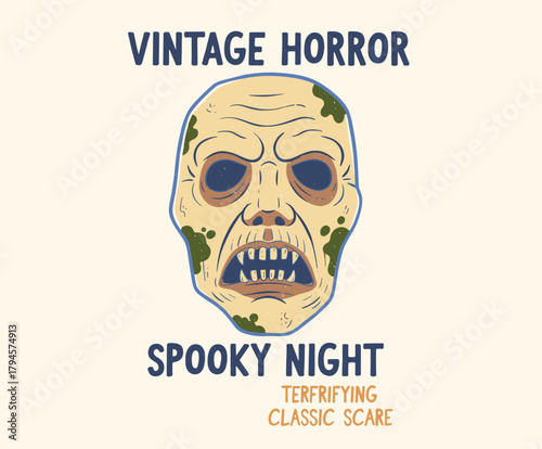 Vintage Horror Monster Head.Classic Spooky Zombie Face.Retro Undead Character Design.Halloween Night Terror Print.Distressed Ghoul Illustration