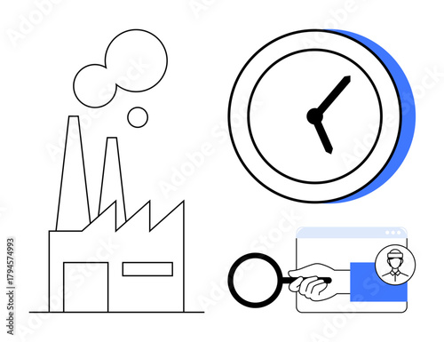 Factory building and chimneys, clock for time management, magnifying glass on profile in browser. Ideal for productivity, efficiency, workflow, industry, business control, time management simple