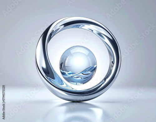A photorealistic 3D render of a highly polished, silver metallic toroid (ring shape) that encircles a central clear glass sphere, suggesting abstract technology, physics, or data concepts.