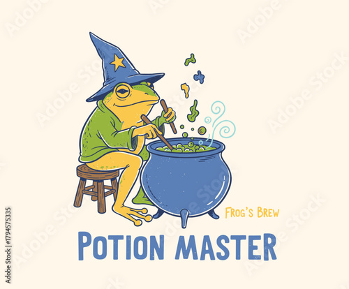 Frog Potion Master.Wizard Frog Stirring Brew.Cartoon Magical Toad.Retro Cauldron Cooking.Vintage Sorcerer Mascot