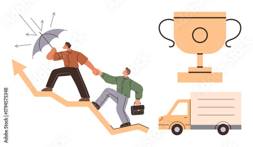 Two individuals climb an upward arrow, showcasing support and teamwork. Surrounding elements include a trophy representing achievement and a delivery truck symbolizing logistics. Ideal for success