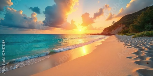 Stunning panoramic view of a pristine beach landscape at sunset, golden sand, turquoise water, dramatic sky Perfect for travel, vacation, and nature themes , sea birds, sky