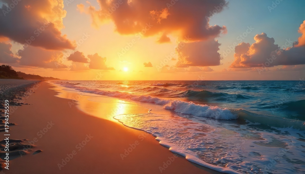 Obraz premium Stunning sunset over a tranquil beach, golden light reflecting on the calm ocean waves, creating a breathtaking scene Perfect for travel, vacation, or relaxation themes , rays, waves