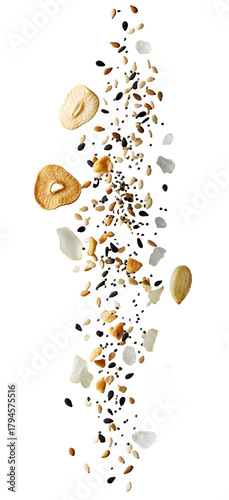 Everything bagel seasoning floating in midair, freeze-frame shot-Recovered