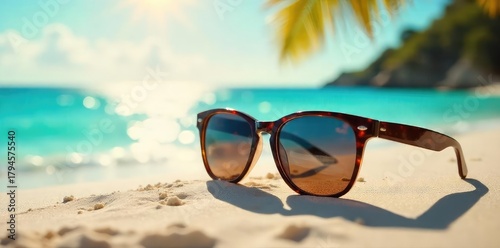 Stylish sunglasses resting on a vibrant summer beach scene, sun reflecting off the lenses Perfect for travel, vacation, and summer fashion themes Enjoy the bright sunny day , cool, style, coastal