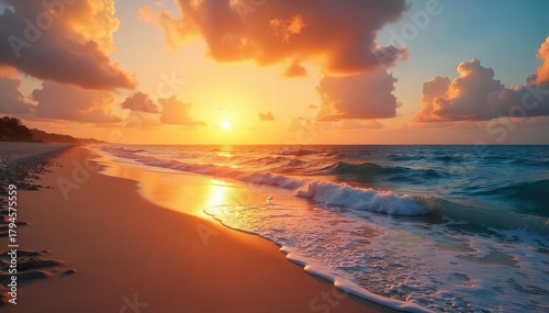 Stunning sunset over a tranquil beach, golden light reflecting on the calm ocean waves, creating a breathtaking scene Perfect for travel, vacation, or relaxation themes , rays, waves