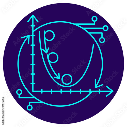 Gradient Descent AI icon. Vector thin line illustration on a round dark blue background. Iterative optimization process (balls rolling down) to minimize the cost or loss function on a coordinate graph