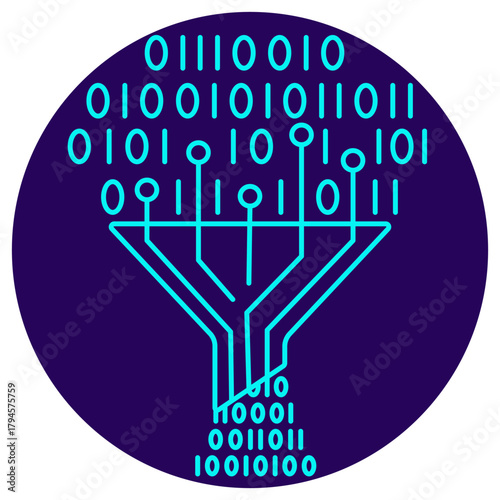 AI Dimensionality Reduction icon. Vector thin line illustration on a round dark blue background. Algorithmic process of filtering a large volume of digital data (binary code) into a smaller output
