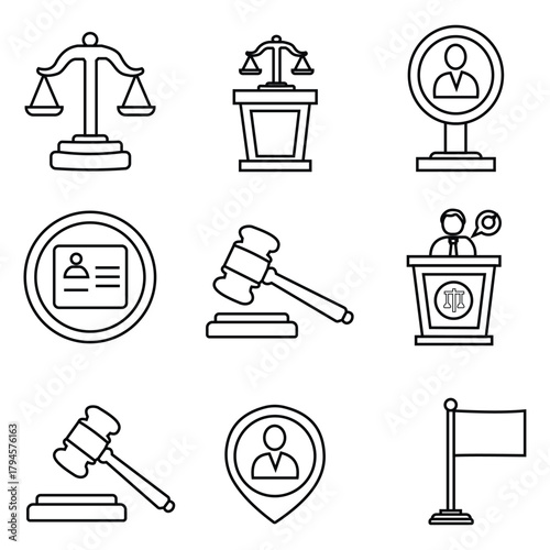 Justice and Law Icon Set – Minimal Line and Silhouette Symbols Featuring Scales, Gavel, Courthouse and Liberty