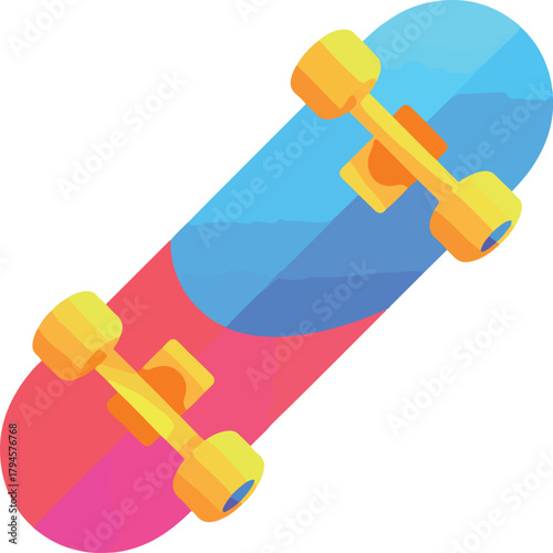 Vector skateboard illustration with vibrant pink and blue deck and yellow trucks isolated on background.