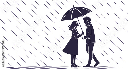 Minimalist Black Silhouette Couple Sharing Umbrella  