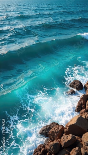 Vast, deep blue ocean waves crashing on a rocky shore Sunlit, turquoise water with white foam A tranquil seascape perfect for travel, nature, or environmental themes , turquoise, power